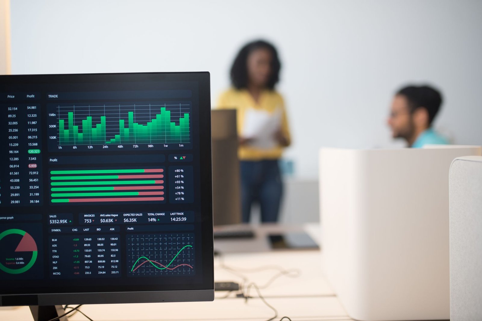 Professionnel africain analysant des données SEO sur un écran d'ordinateur dans un bureau moderne à Kinshasa